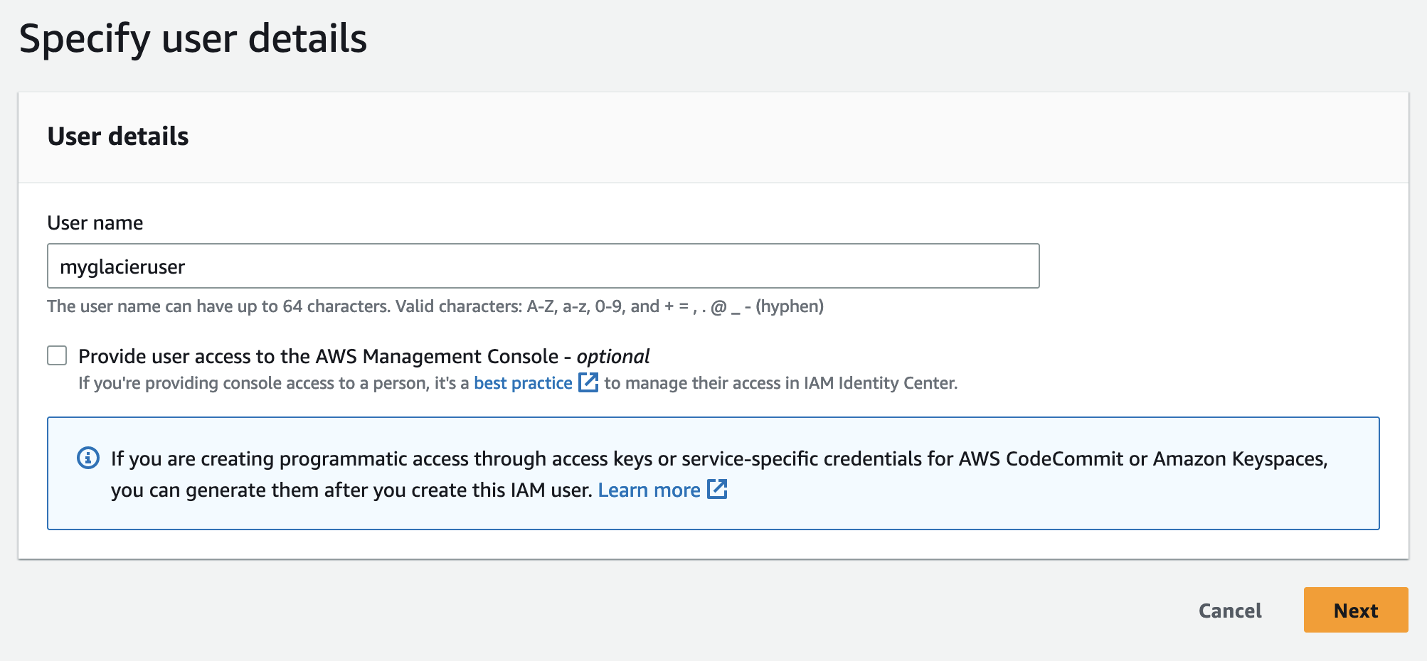 Create IAM user screenshot step 1